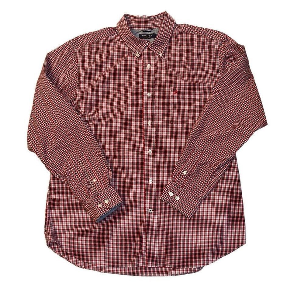Nautica Long Sleeve Button Up Dress Shirt Small Pattern Red Navy Plaid Men Sz XL